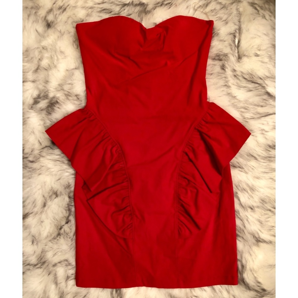 Red Strapless Ruffle Hip Dress